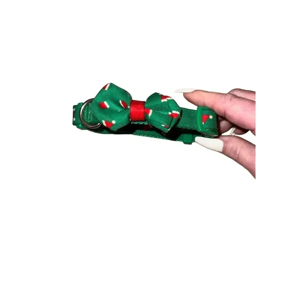Festive Christmas Bow dog Collar Green Adjustable Bow tie size small